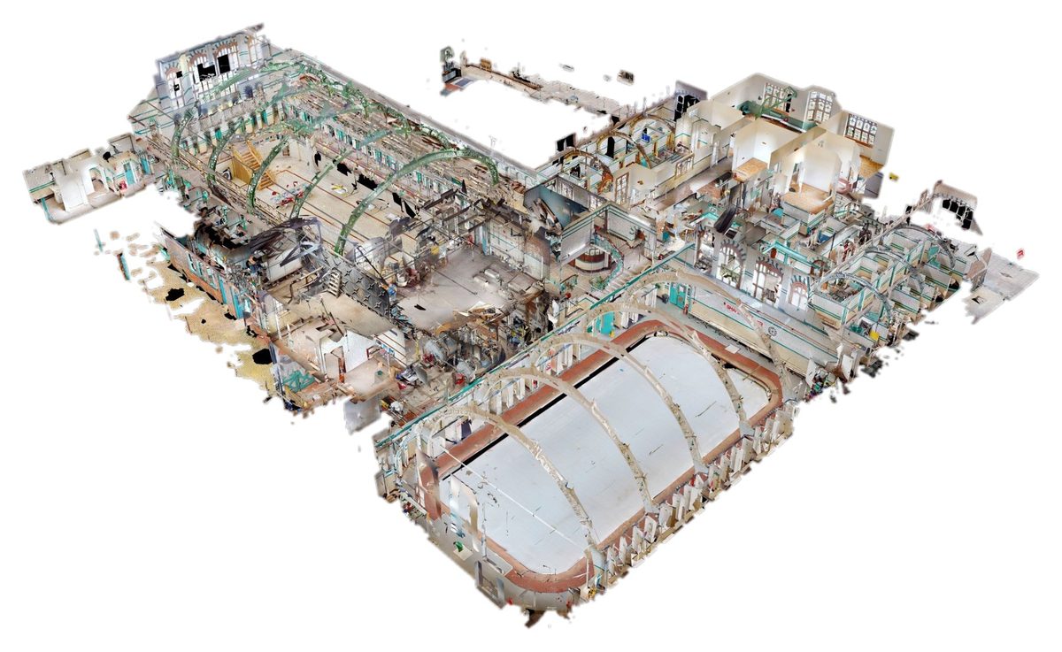 3D dollhouse view of a captured historic swimming baths, showing the pool halls, plant and rooms in one model