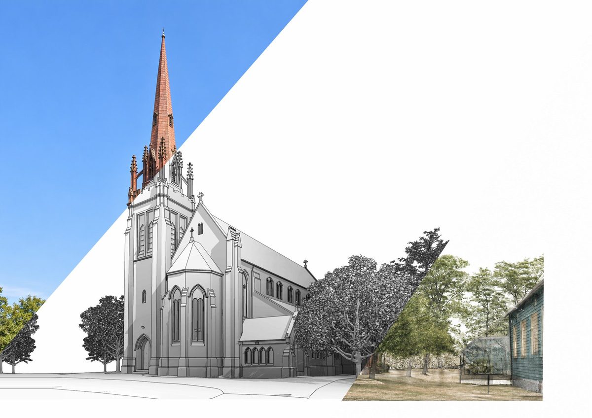 A church shown as a photograph, a 3D survey model and a historic view, blended in a single image