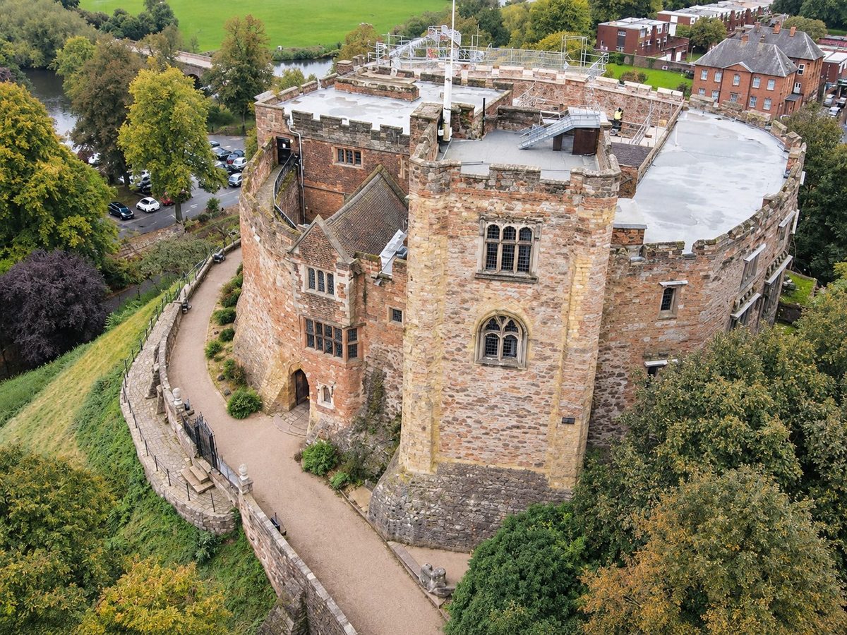 Aerial view of a historic castle keep