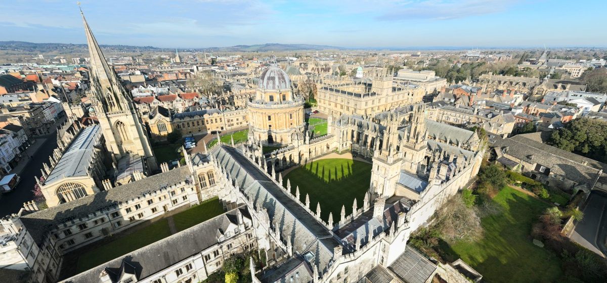 Aerial view of historic university buildings and quadrangle in Oxford