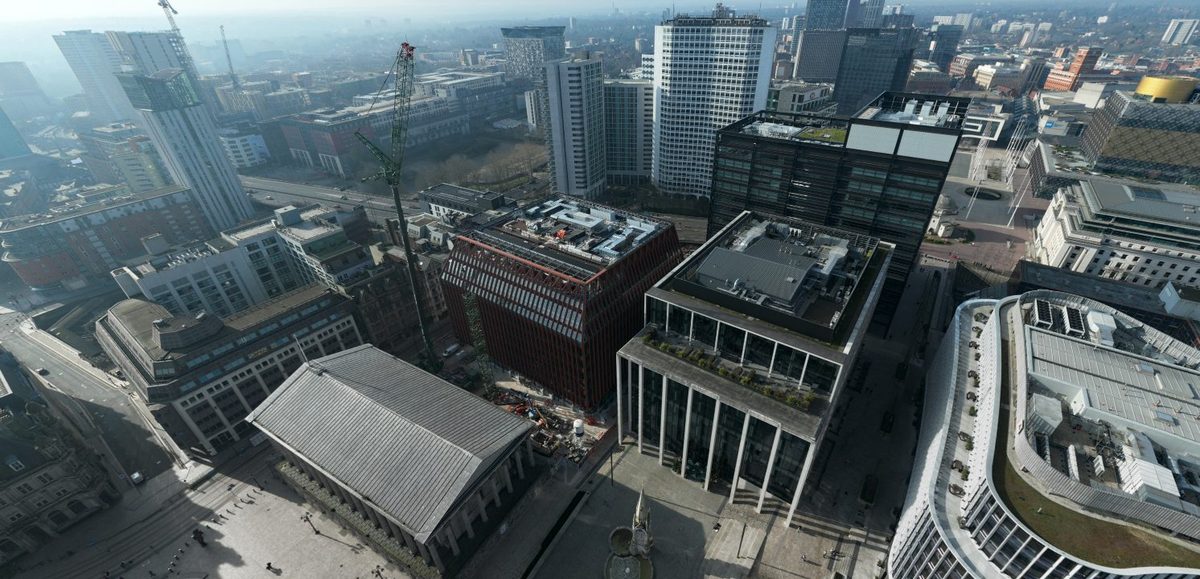 Aerial view of office buildings in Birmingham city centre