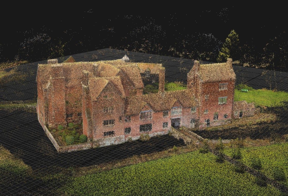 Colour point cloud of a historic brick manor house and its grounds, captured by laser scanning