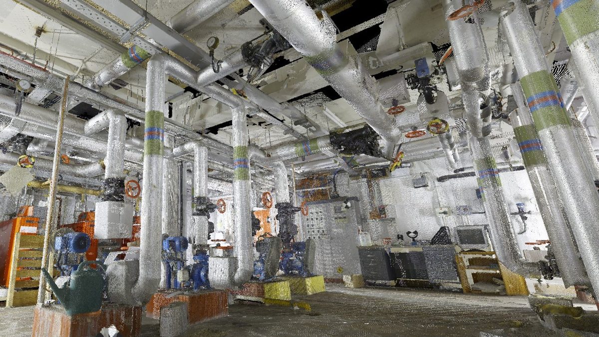 Colour point cloud of a plant room showing insulated pipework, valves, pumps and overhead services