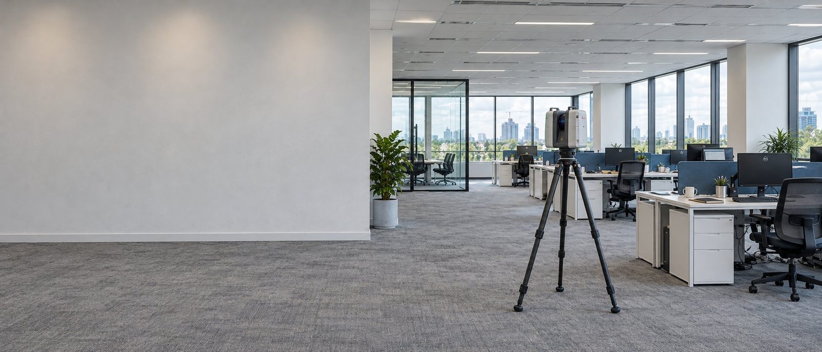 Laser scanner on a tripod capturing an occupied open-plan office