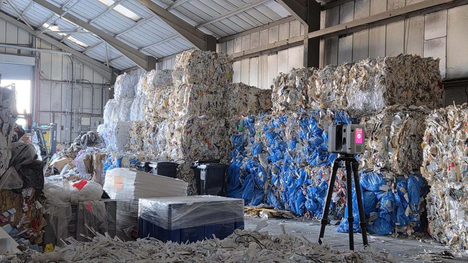 Leica RTC360 laser scanner capturing a recycling plant interior