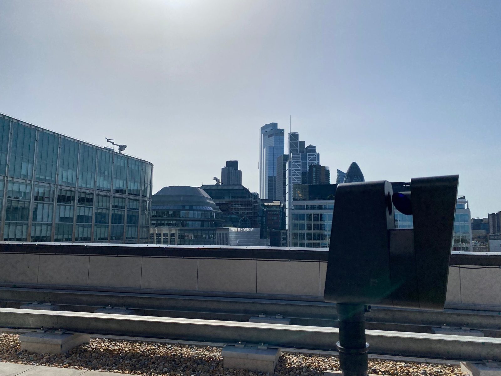 Matterport camera capturing a rooftop with the City of London skyline behind