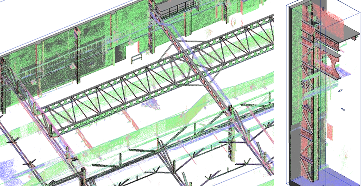 Point cloud overlaid on a 3D steel frame model, showing a roof truss and a braced column