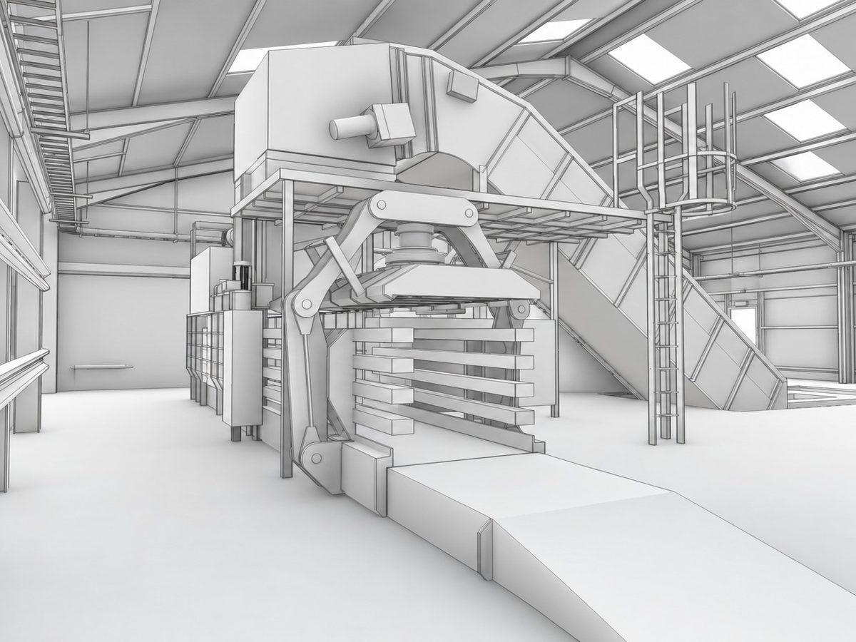 Revit model of an industrial baling plant inside a steel-framed shed, with conveyor, access ladder and roof structure