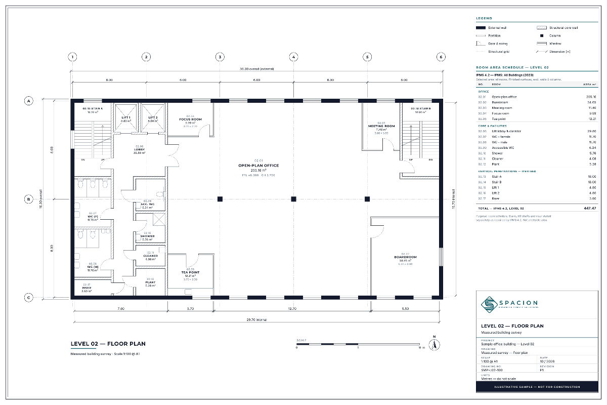 Sample measured survey floor plan for an office level, with structural grid, dimensions, room labels and a room area schedule