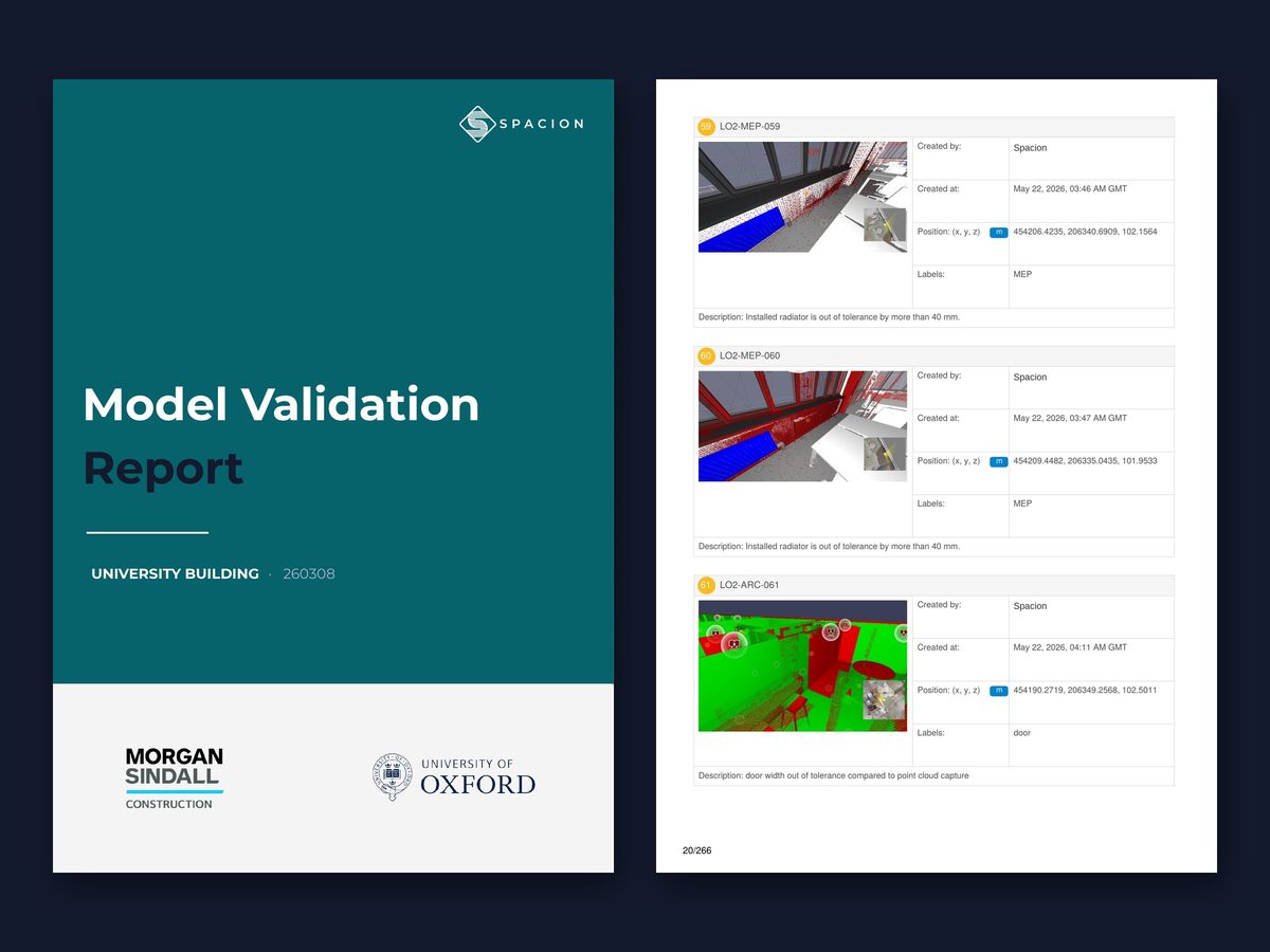 Sample Spacion model validation report: cover page and an issue page with deviation images, coordinates and descriptions