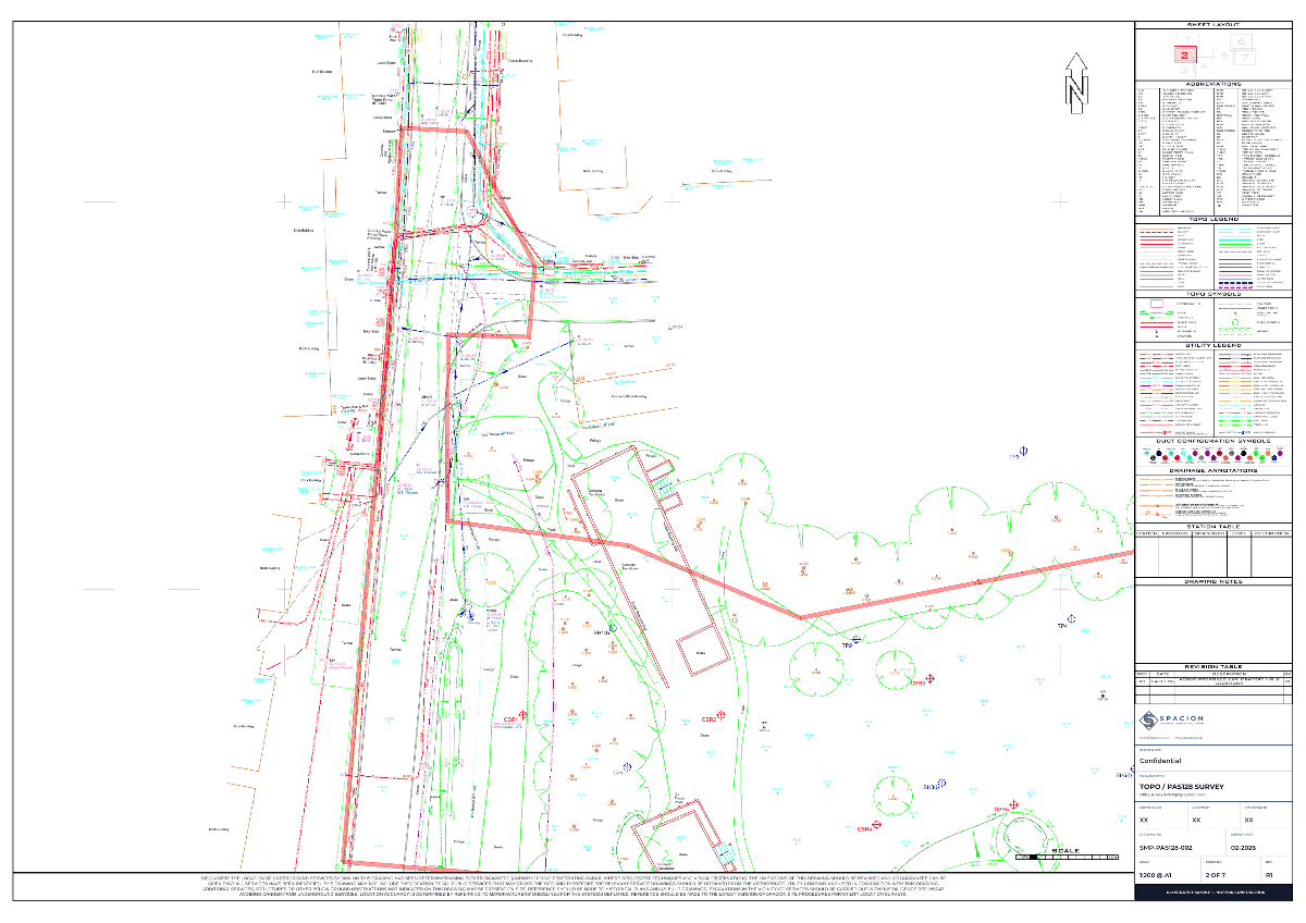 Sample Spacion topographical and PAS 128 utility survey drawing at 1:200, with colour-coded utility routes, legends and title block
