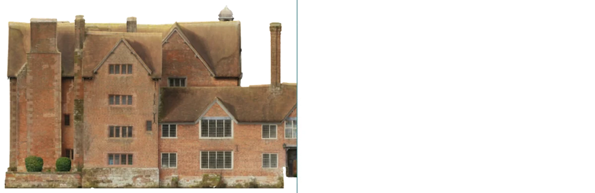 South-east elevation of a historic brick manor house, shown half as survey imagery and half as measured CAD elevation