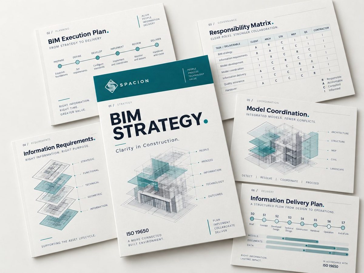 Spacion BIM strategy document set: BIM strategy, BIM execution plan, responsibility matrix, information requirements, model coordination and information delivery plan