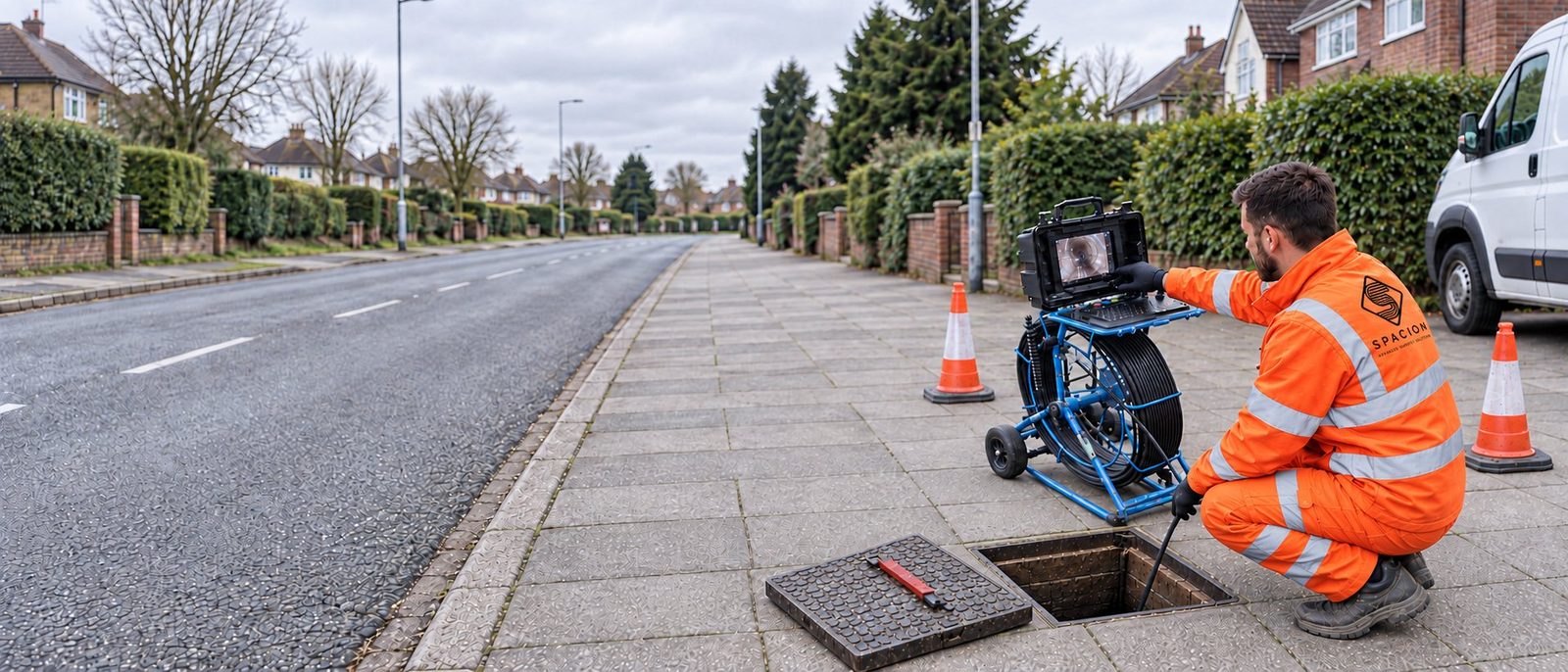 Spacion surveyor operating a CCTV drainage camera at an open chamber on a residential street