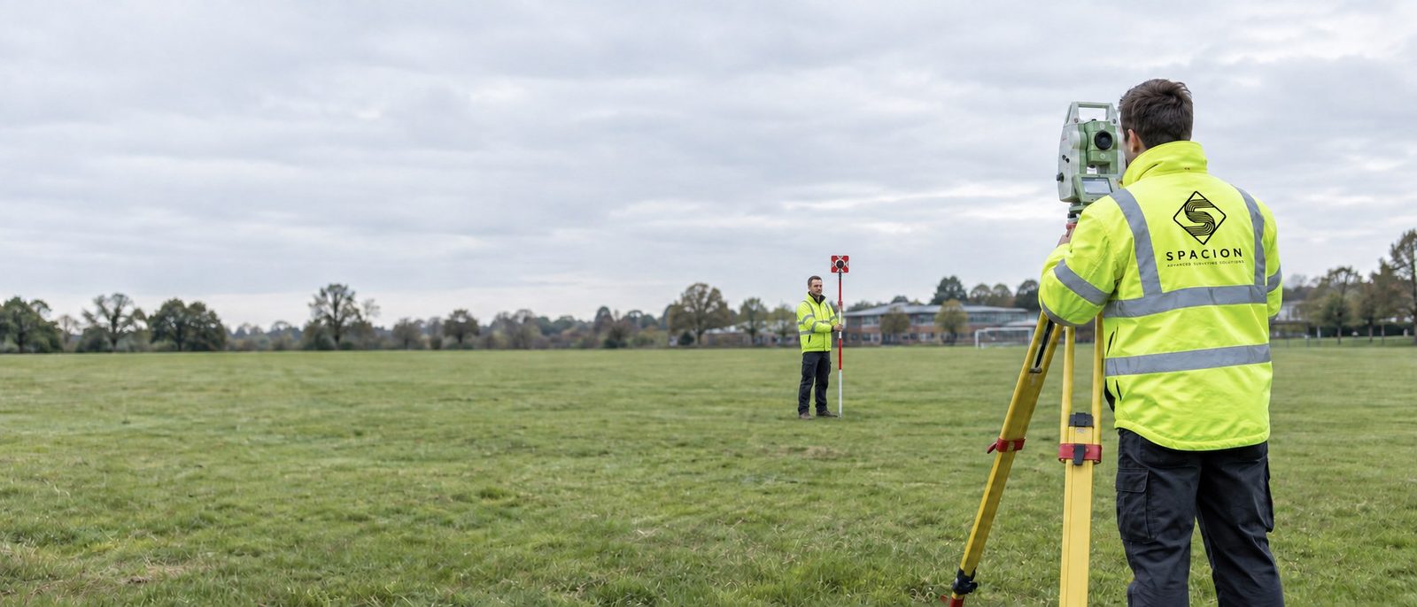 Spacion surveyor operating a total station on a tripod across an open playing field, with a colleague holding a prism pole in the distance