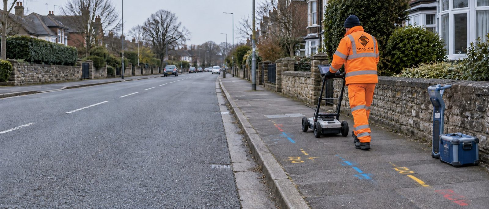 Spacion surveyor pushing a ground-penetrating radar cart along a residential pavement marked with utility paint